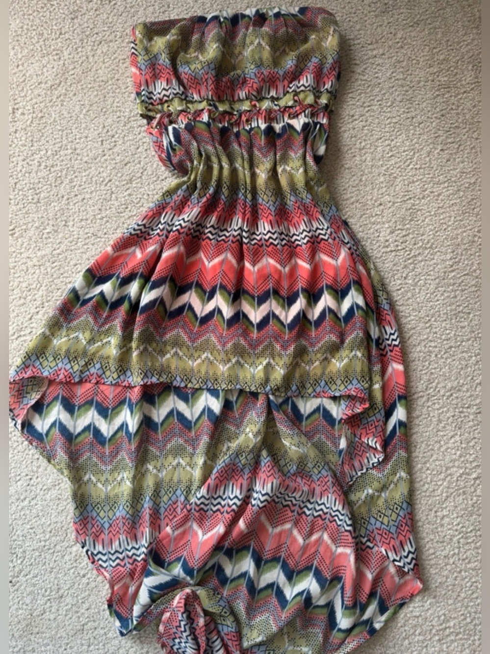 Forever 21 Girls Strapless Chevron Dress in Coral, Olive & Navy 2000s y2k